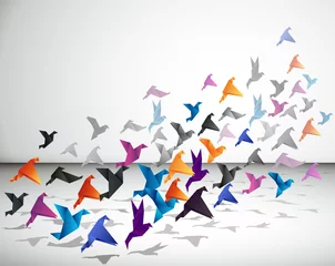 Vlies Fototapete Geometrische Tiere Indoor-Flug, Origami Birds beginnen im geschlossenen Raum zu fliegen.