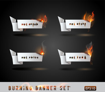 Burning paper Origami banner Set. Vector Illustration.