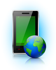 Mobile phone with globe on blue background.