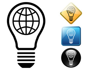 Electric light bulb with earth icon pictogram and signs