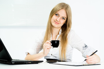 cute businesswoman with a black cup