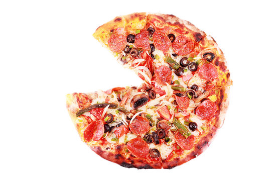 Pizza with one slice removed Isolated on white.