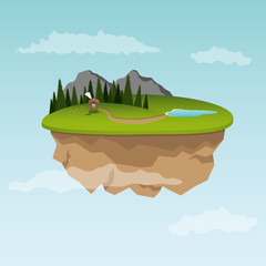 Floating island with small house. Vector illustration