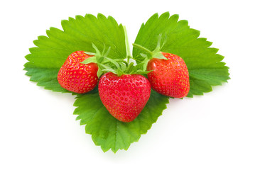 Fresh strawberry on green leafs
