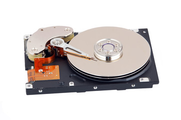 Detailed view of the inside of a hard disk drive (HDD)