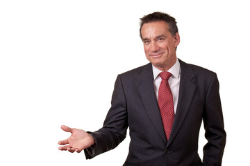 Attractive Smiling Middle Age Business Man with Open Hand