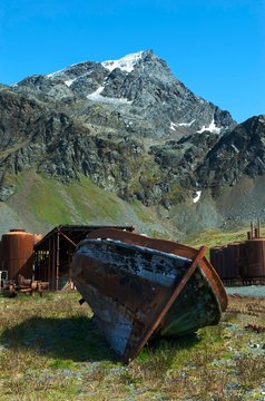 Rusting boats and equipment  at Grytviken in South Georgia