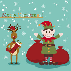 Christmas and New Years greeting card with elf and deer