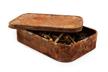 Rusty aged tin of screws over white