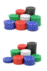 2 images of stacked poker chips on a white background