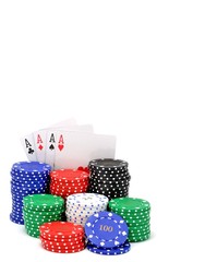 4 aces with a stack of poker chips on white background