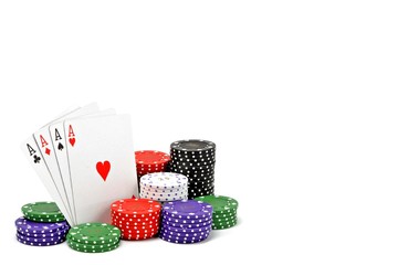 4 aces with a stack of poker chips on white background
