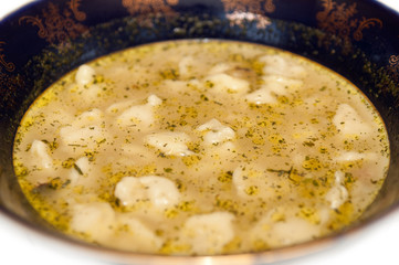 Dushbara. Traditional Azeri dumpling soup closeup.
