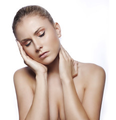 woman having migraine on white background