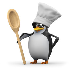 3d Penguin chef holds the wooden spoon
