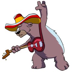Naklejka premium Bear in hat playing guitar.