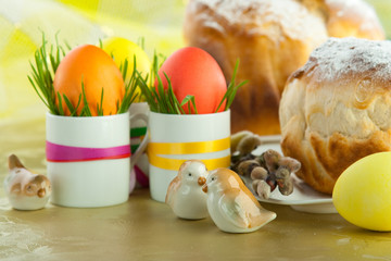 Easter cake and tulip.Easter still-life