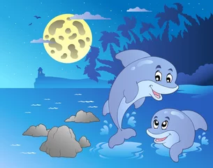 Photo sur Aluminium Dauphins Paysage marin de nuit avec des dauphins heureux