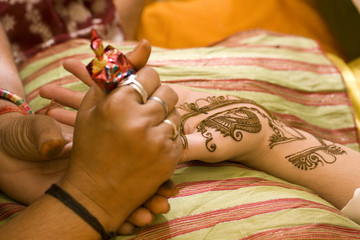 applying henna on hands, traditional Indian Hindu wedding