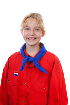 Portrait Of  Dutch Scout Girl Over White Background