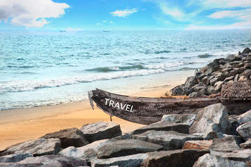 Fishing boat with title travel