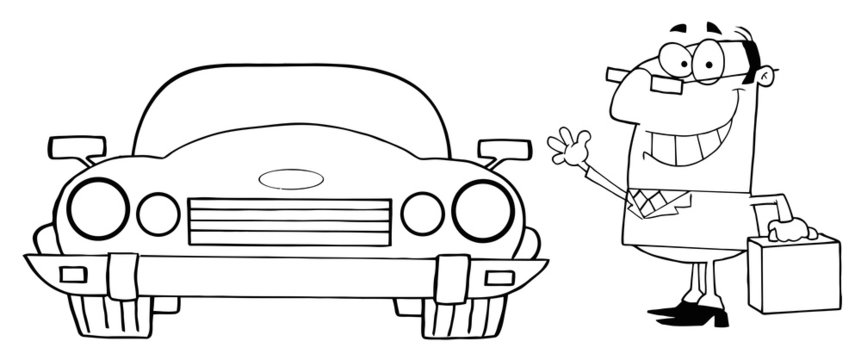 Outlined Commuter Businessman And Convertible Car