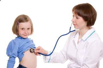 Doctor and child on a white background.