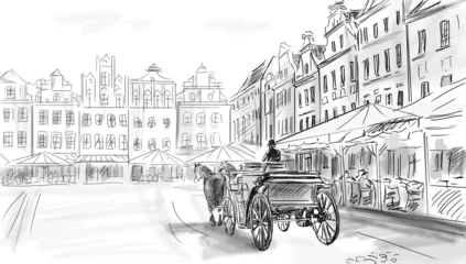 Tuinposter Tekening straatcafé oude stad - illustratie schets