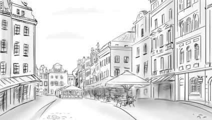 Abwaschbare Fototapete Gezeichnetes Straßencafé Altstadt - Illustrationsskizze