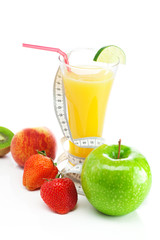 juice,apple,strawberry,peach, kiwi and  and measure tape isolate