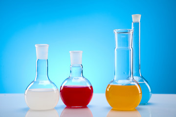 Laboratory flasks containing liquid color