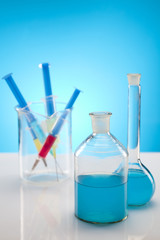 Laboratory flasks containing liquid color