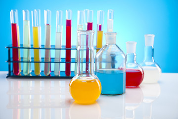 Laboratory glassware containing colorful liquid