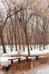 Fototapeta na wymiar City park in early winter, thawing snow, benches in water