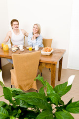 Breakfast happy couple enjoy romantic morning