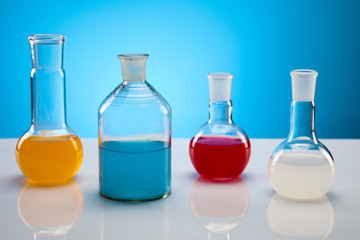 Laboratory flasks containing liquid color