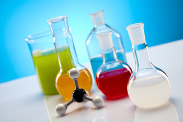 Laboratory flasks containing liquid color