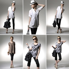 fashionable woman with a bag in light background ,collage