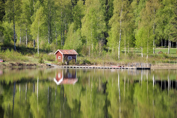 Calm lake reflection of house and trees in water