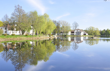 Fototapeta na wymiar Spokój refleksji jezioro dom i drzewa w wodzie