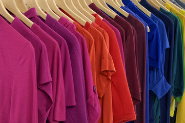 Close up colorful shirt rack