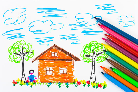 Child's drawing and pens