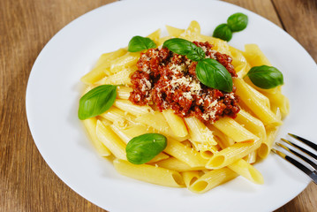 Pasta rigatoni on the white plate