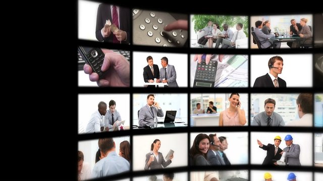 Montage of business people exchanging ideas