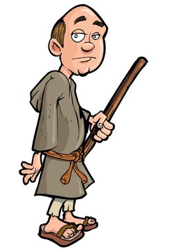recommend clip art: Cartoon monk with a walking stick