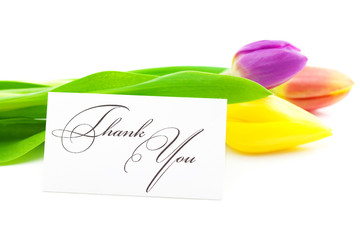 colorful tulips and a card signed thank you isolated on white