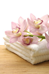 Obraz na płótnie Canvas Ręczniki Spa z różowa orchidea na matę