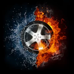 Photo sur Plexiglas Flamme Roue de voiture en flammes et eau