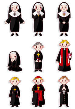 Cartoon Priest And Nun Icon Set