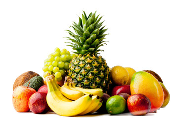 Fresh fruits isolated on a white . Set of different fresh fruits